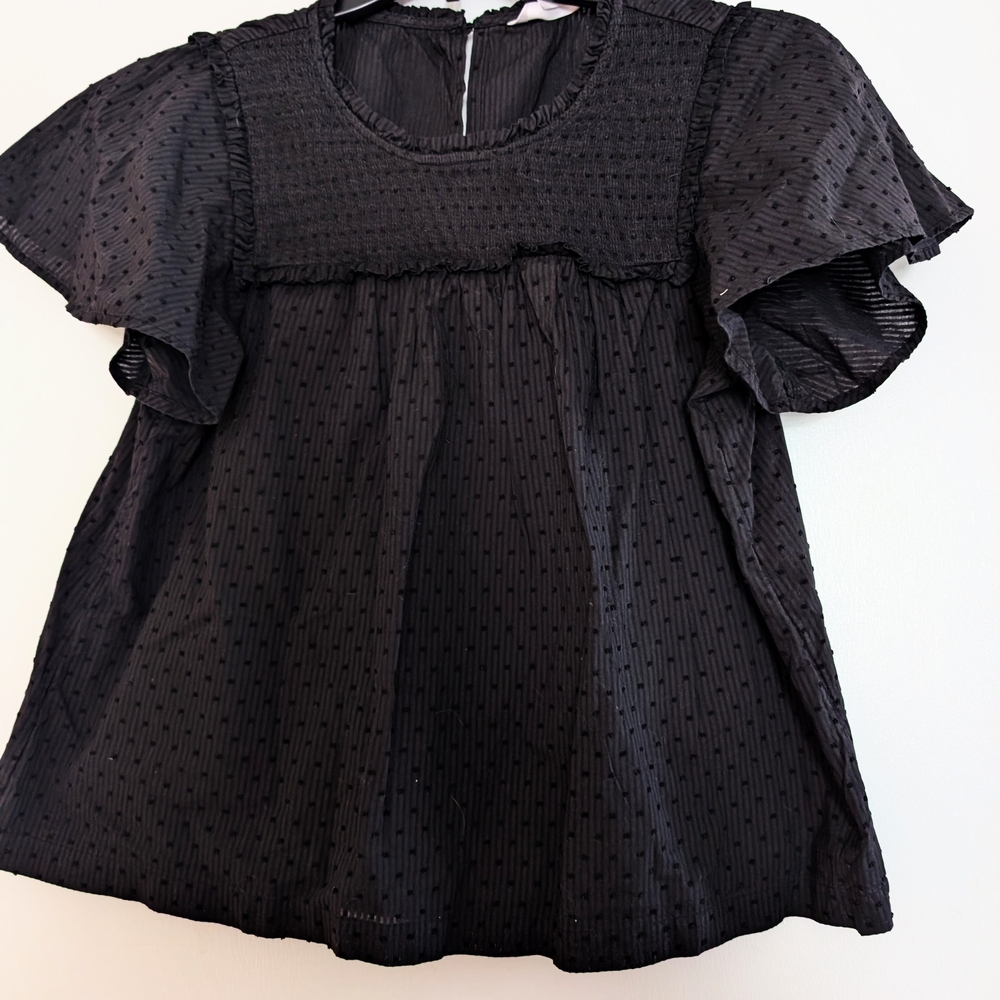 Black Textured Blouse with Ruffle Sleeves